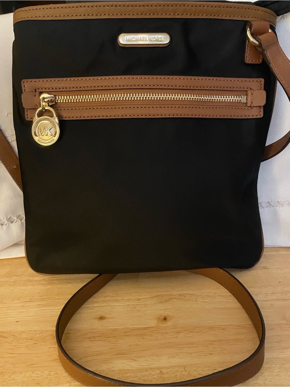 Michael Kors Black Nylon and Brown Leather Trim & Adjustable Strap EUC